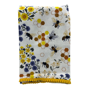 Bee Blossoms Tea Towel - White & Yellow Bees - Lavender Ridge Farms